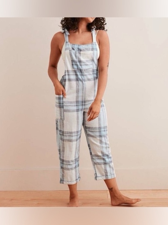 aerie Denim - Aerie Blue & White Plaid Cotton Linen Feel Overalls